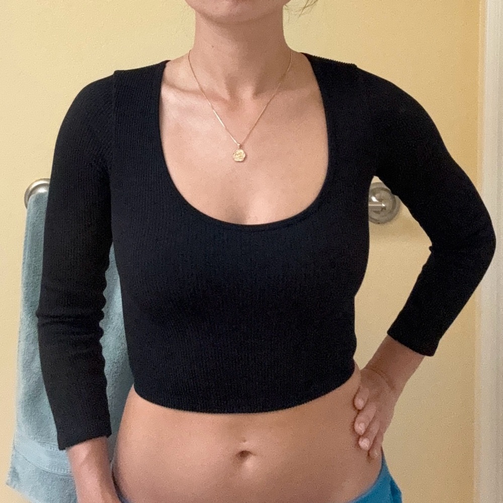 Zara Black Ribbed 3/4 Sleeve Top